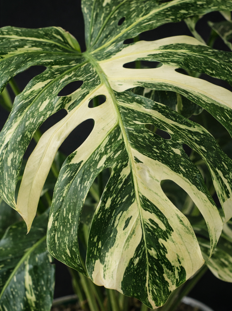 Monstera Constellation Thai indoor plant leaf close-up