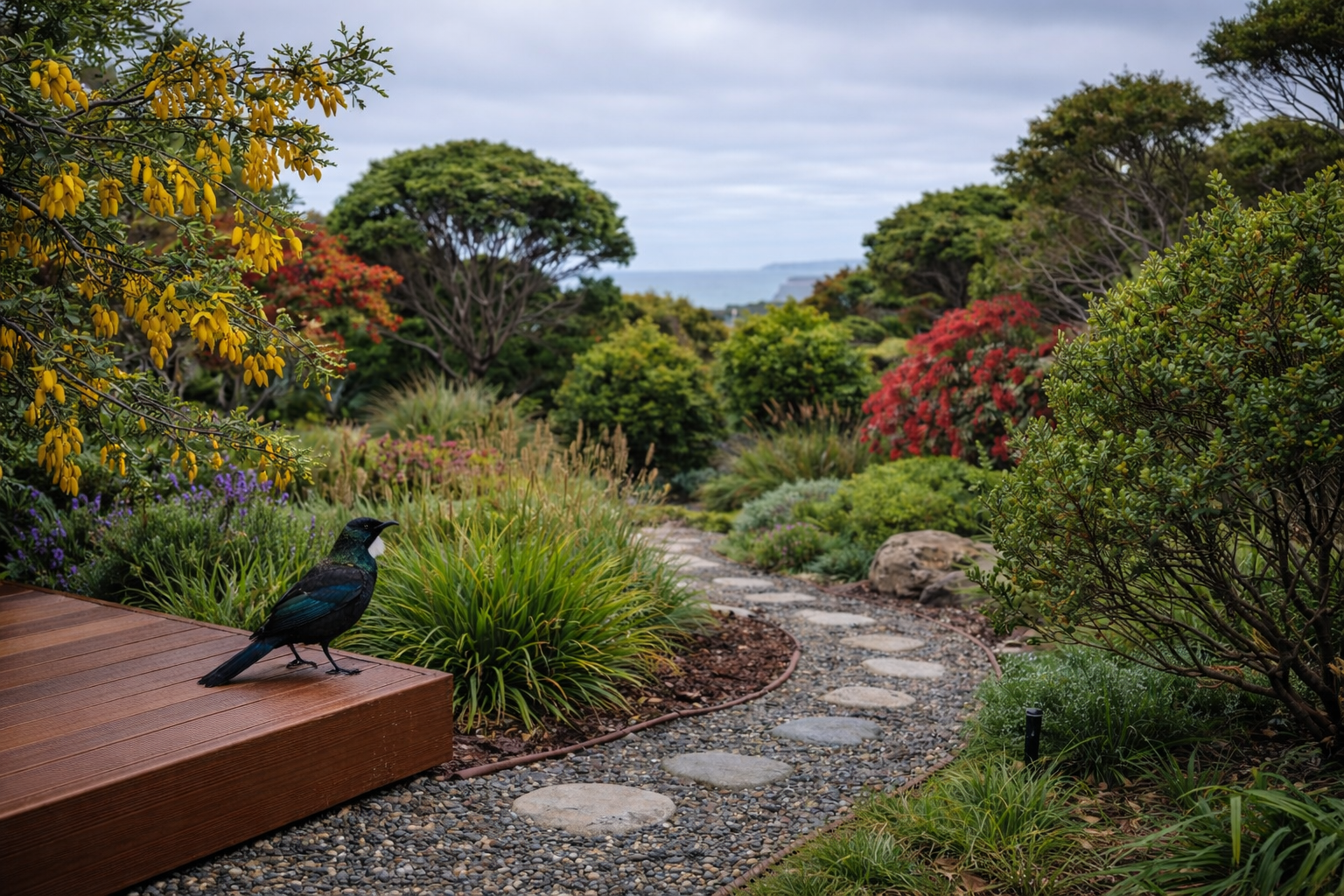 Rui standing on a deck next to a Kowhai tree native garden plants