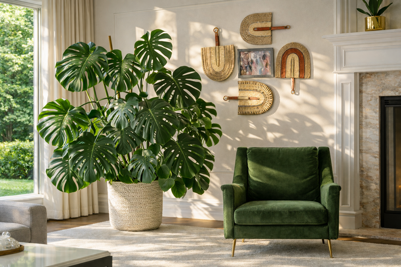 Large monstera house plant in sunny living room