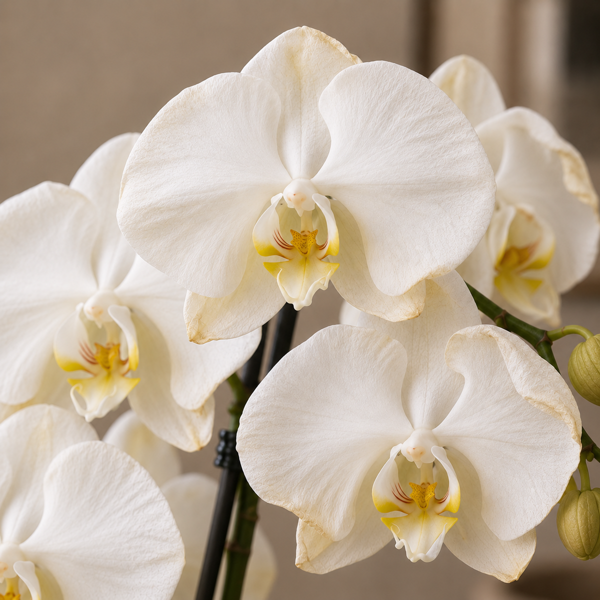 White Phalaenopsis orchid flowers with yellow and cream centers, shown in a close-up studio-style shot against a soft beige background.