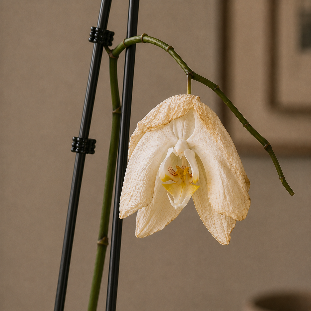 A single pale cream orchid flower hanging from a green stem, photographed indoors against a softly blurred warm beige background. Black support stakes are visible on the left.