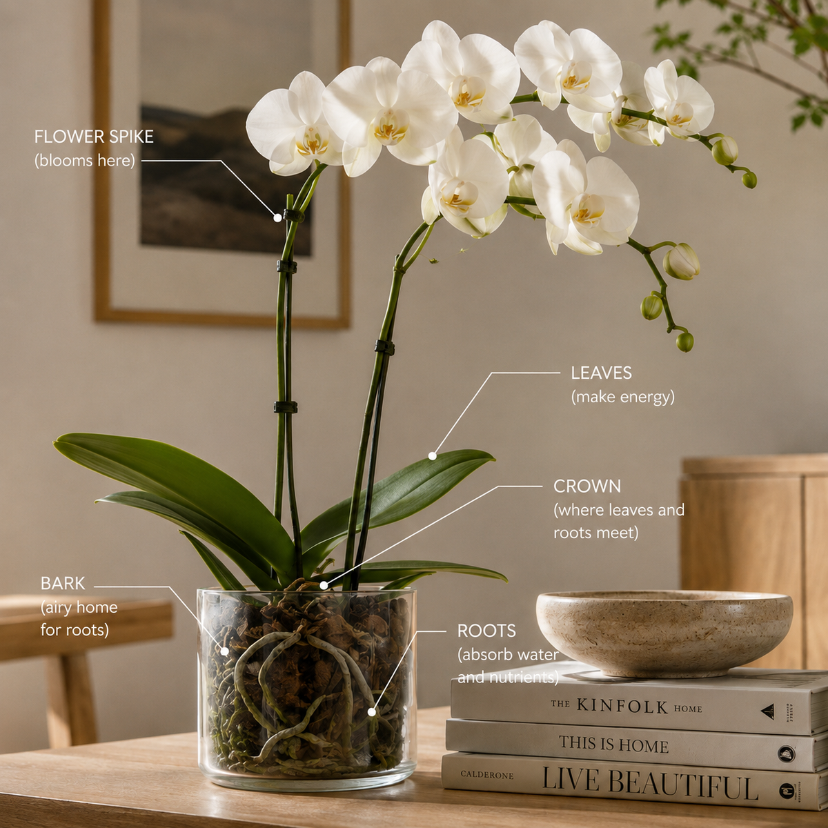 A white Phalaenopsis orchid in a clear glass vase with visible roots and bark, placed on a wooden table in a styled interior. Text callouts identify parts of the plant: flower spike, leaves, crown, bark, and roots.