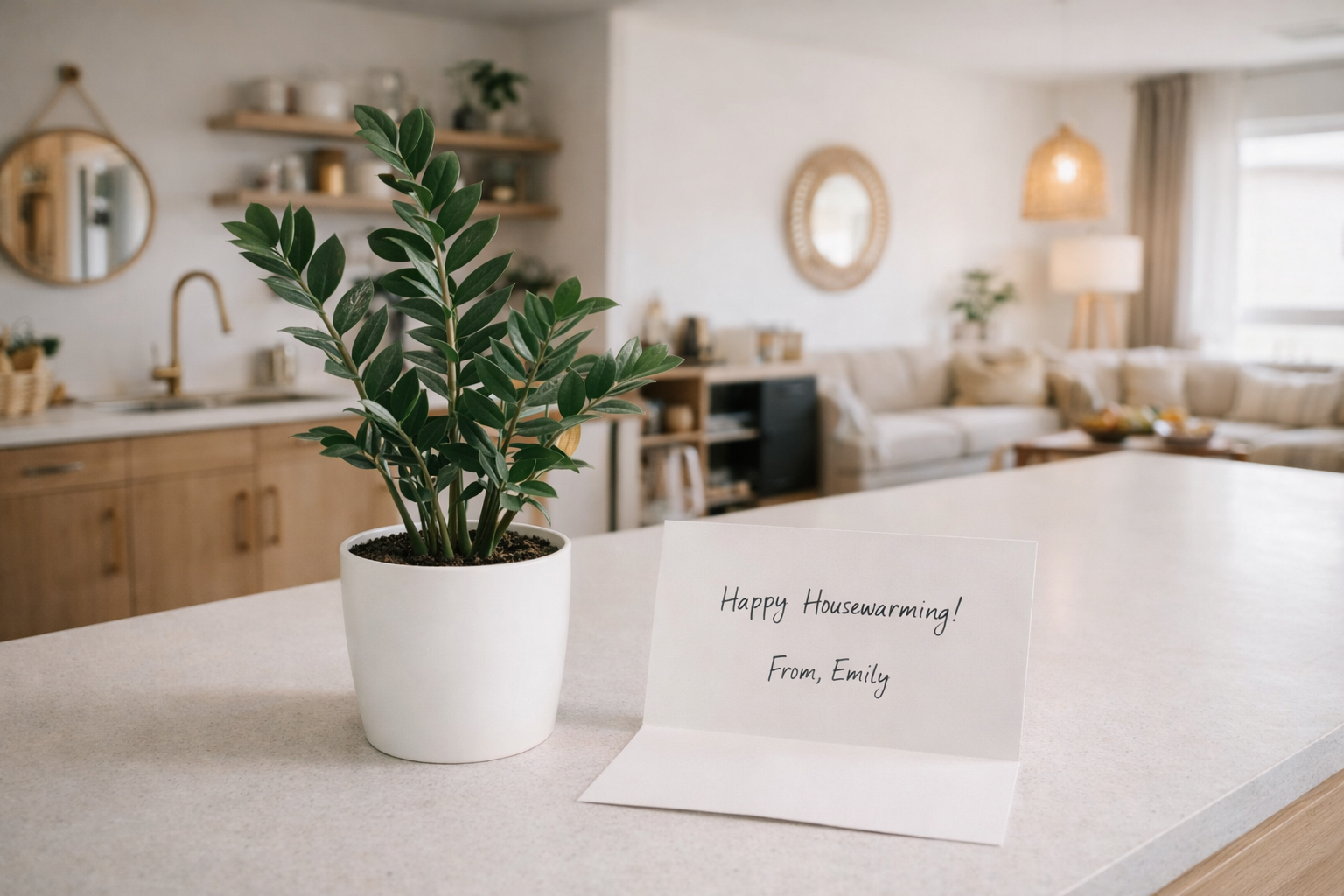 Potted plant on a kitchen counter with a 'Happy Housewarming' card, in a home setting.