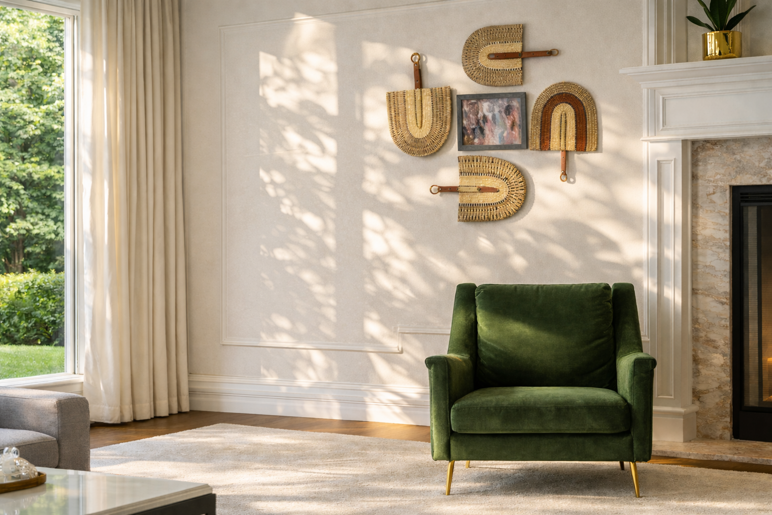 Green armchair in a living room with decorative wall art and a fireplace.