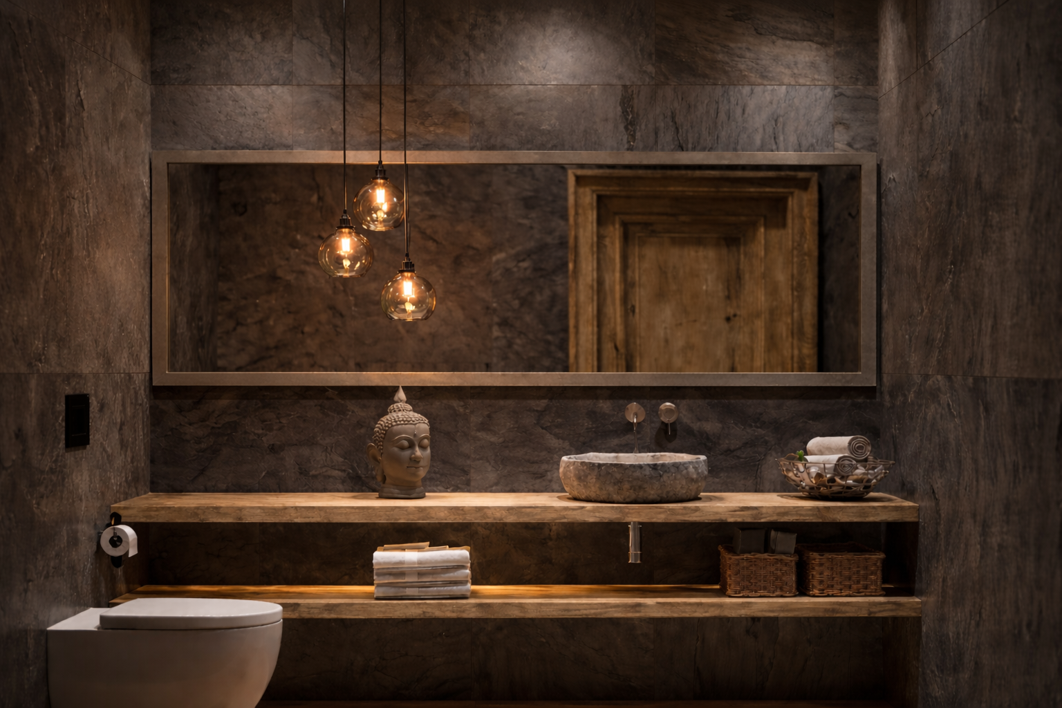 Bathroom with stone sink, mirror, and lighting fixtures.