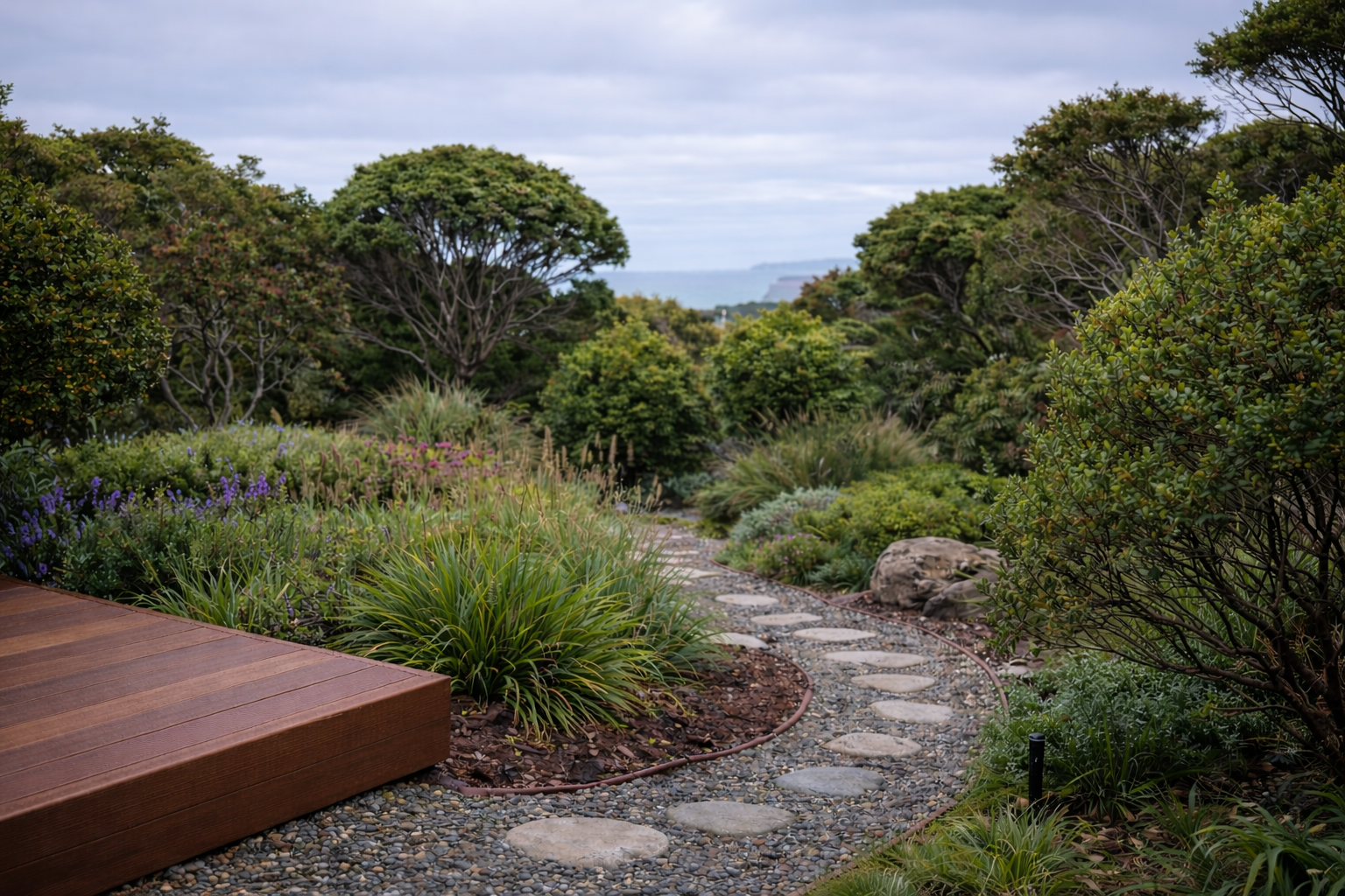 Garden pathway with wooden platform and stone steps leading through greenery