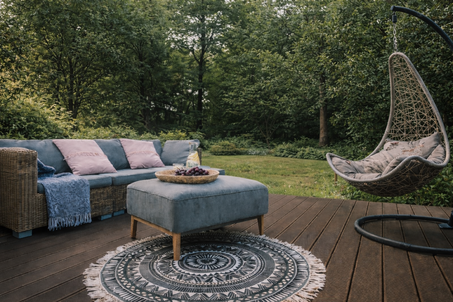 Outdoor patio with a gray sofa, ottoman, and hanging chair surrounded by greenery.