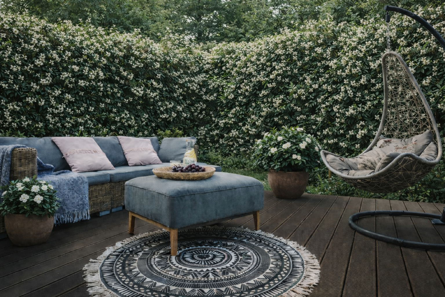 Outdoor patio with blue sofa, ottoman, and hanging chair against a hedge backdrop