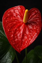 Red anthurium flower with a yellow spadix on a dark background