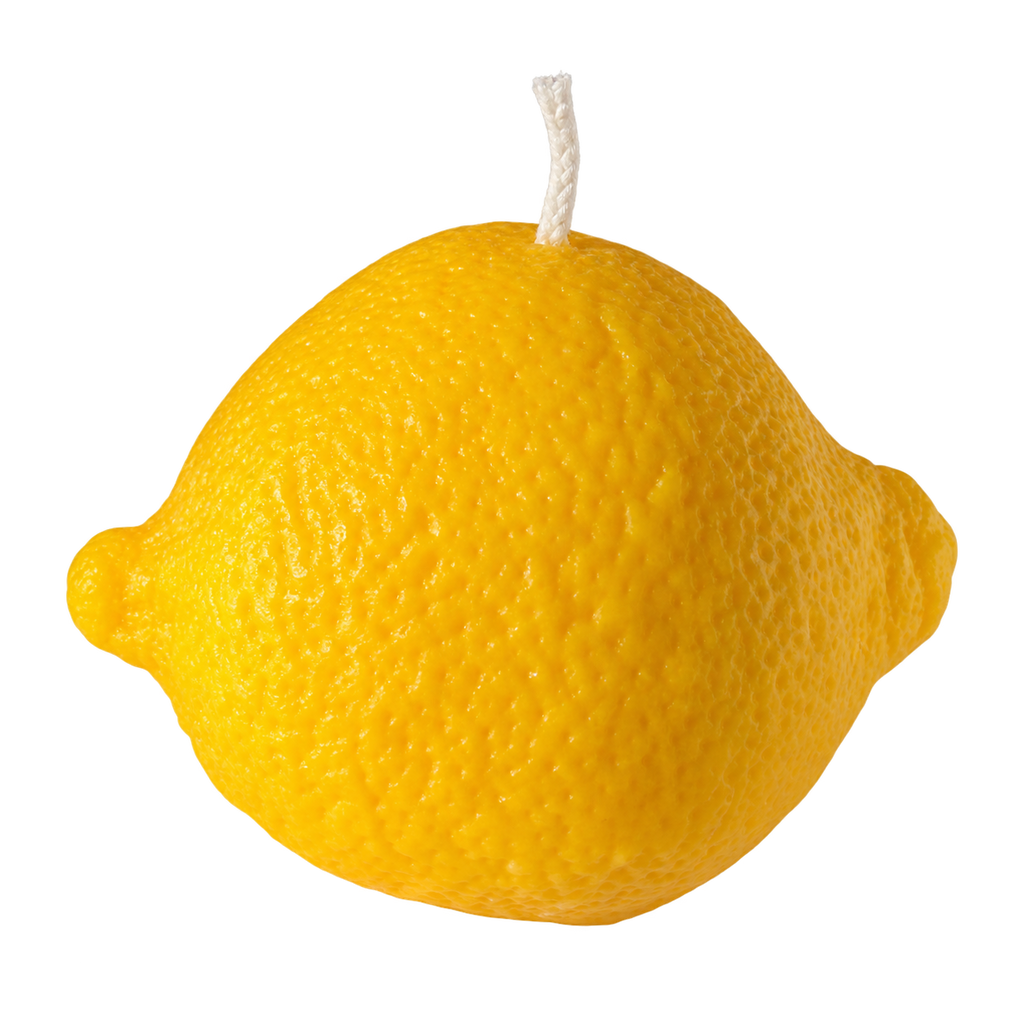 A novelty lemon-shaped candle with a textured yellow rind and a white wick on a solid white background.