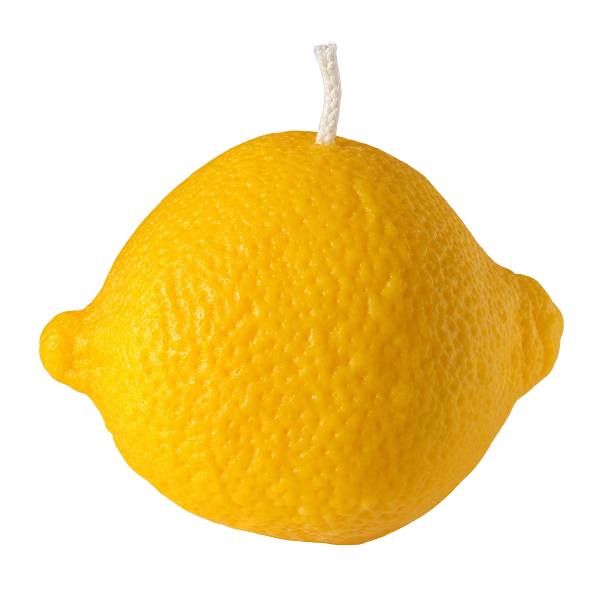 A novelty lemon-shaped candle with a textured yellow rind and a white wick on a solid white background.