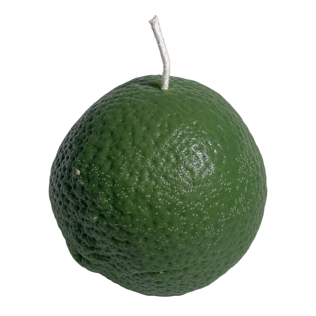 A green textured spherical candle with a white wick, designed to look like a whole lime or citrus fruit, isolated on a white background.