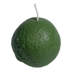A green textured spherical candle with a white wick, designed to look like a whole lime or citrus fruit, isolated on a white background.