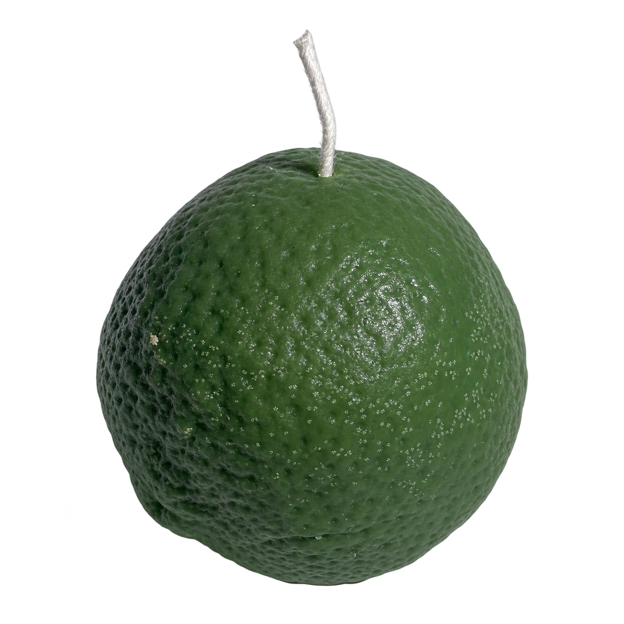A green textured spherical candle with a white wick, designed to look like a whole lime or citrus fruit, isolated on a white background.