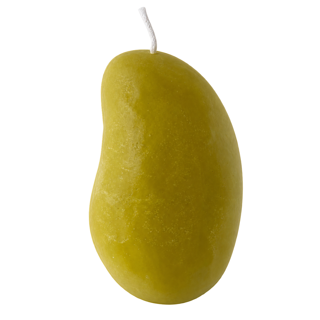A mango-shaped candle in a muted olive green color with a white wick, isolated on a white background.