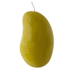 A mango-shaped candle in a muted olive green color with a white wick, isolated on a white background.