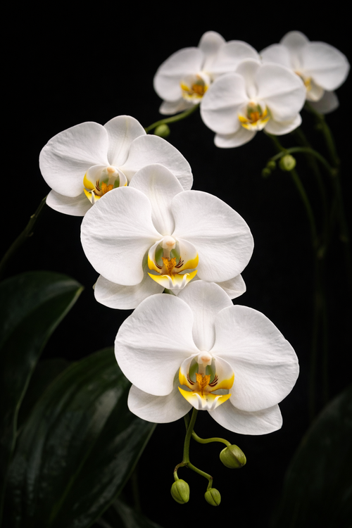 White orchids with yellow centers on a dark background