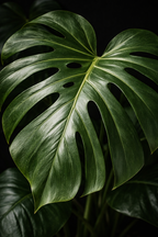 Close-up of a large green Monstera leaf with a dark background