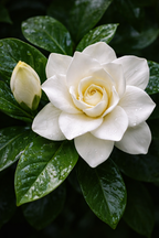 White gardenia flower with green leaves on a dark background