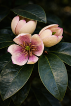 Port Wine Magnolia flowers and leaves  a dark background