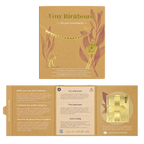 A product presentation of a 'Tiny Birdhouse' kit by Sea Otter Crafts, showing both the outer kraft paper packaging and the fully unfolded instruction booklet. The packaging is a warm tan color with gold foil accents and illustrations of a birdhouse and a deer.