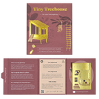 The product packaging for the 'Tiny Treehouse' houseplant accessory kit, shown in both its front cover and unfolded instruction booklet layout. The color scheme is a dusty rose/muted pink with metallic gold foil illustrations of a treehouse, ladder, and monkey, alongside German text instructions.