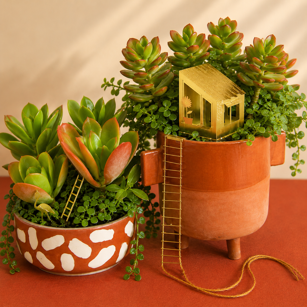 Two decorative terrarium-style planters filled with green succulents and trailing vines, styled on a warm orange surface against a beige backdrop. One planter is terracotta with white spots, the other is terracotta with legs and a small gold house and ladder decoration.