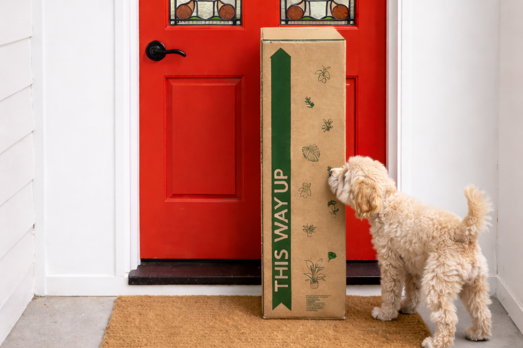 Dog standing next to a cardboard box with 'This Way Up' text in front of a red door.