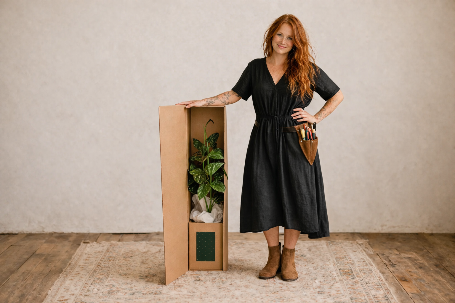 Woman in a black dress holding a plant inside a cardboard box against a plain wall.