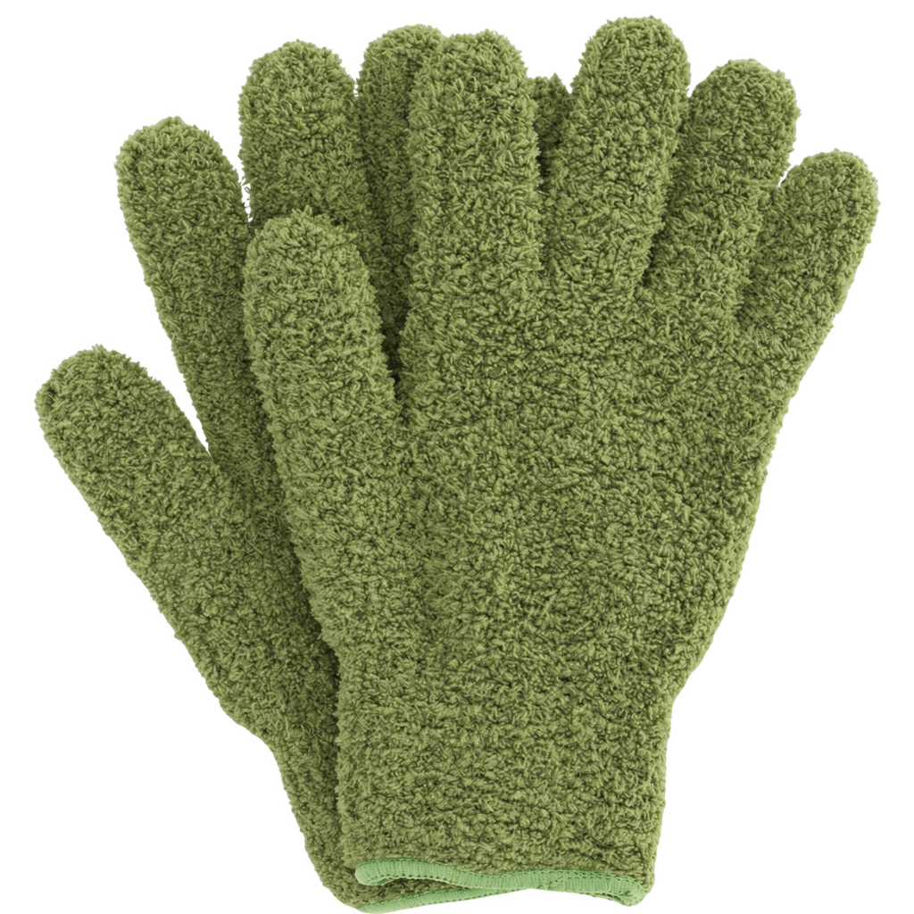 A pair of textured olive green fleece gloves shown against a plain white background.