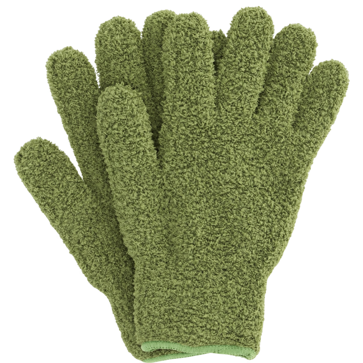 A pair of textured olive green fleece gloves shown against a plain white background.