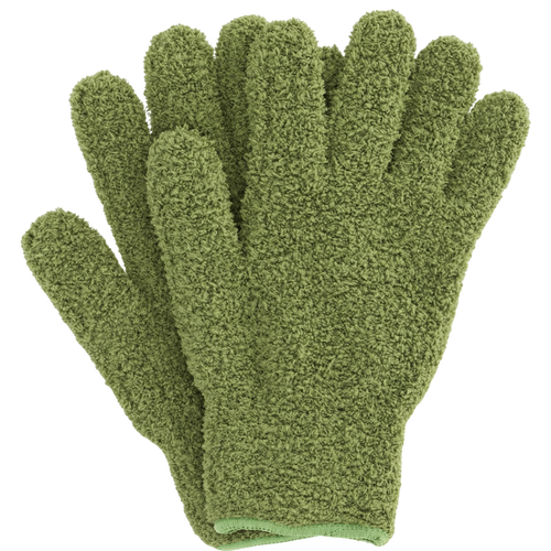 A pair of textured olive green fleece gloves shown against a plain white background.