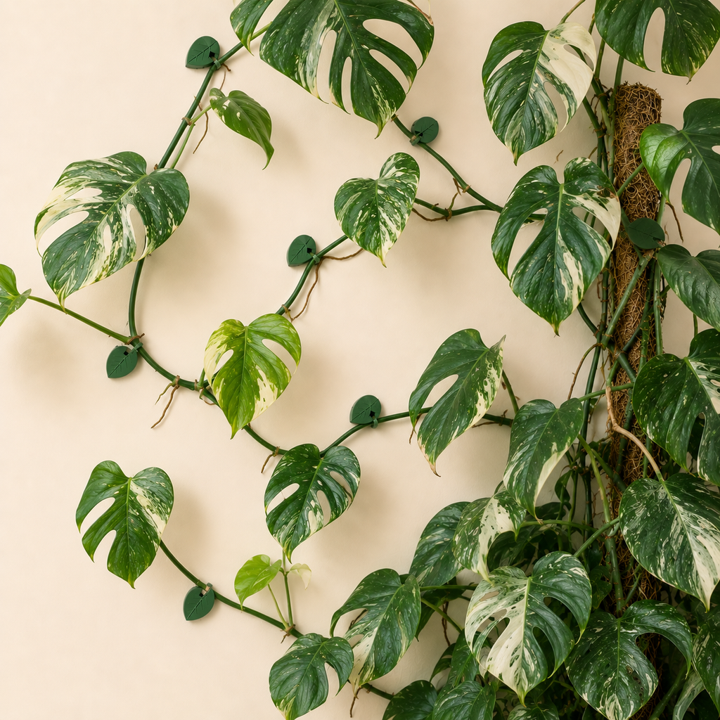 Variegated Monstera deliciosa houseplant with green and cream split leaves climbing up a brown tree trunk against a warm beige wall.