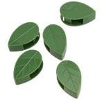Five green plastic plant clips shaped like leaves, arranged on a plain white background.
