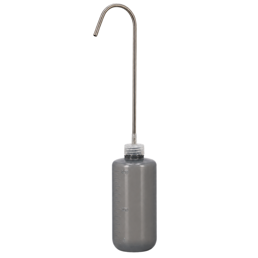 A gray plastic volumetric bottle with a long, curved stainless steel pouring arm, shown against a plain white background.
