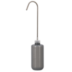A gray plastic volumetric bottle with a long, curved stainless steel pouring arm, shown against a plain white background.
