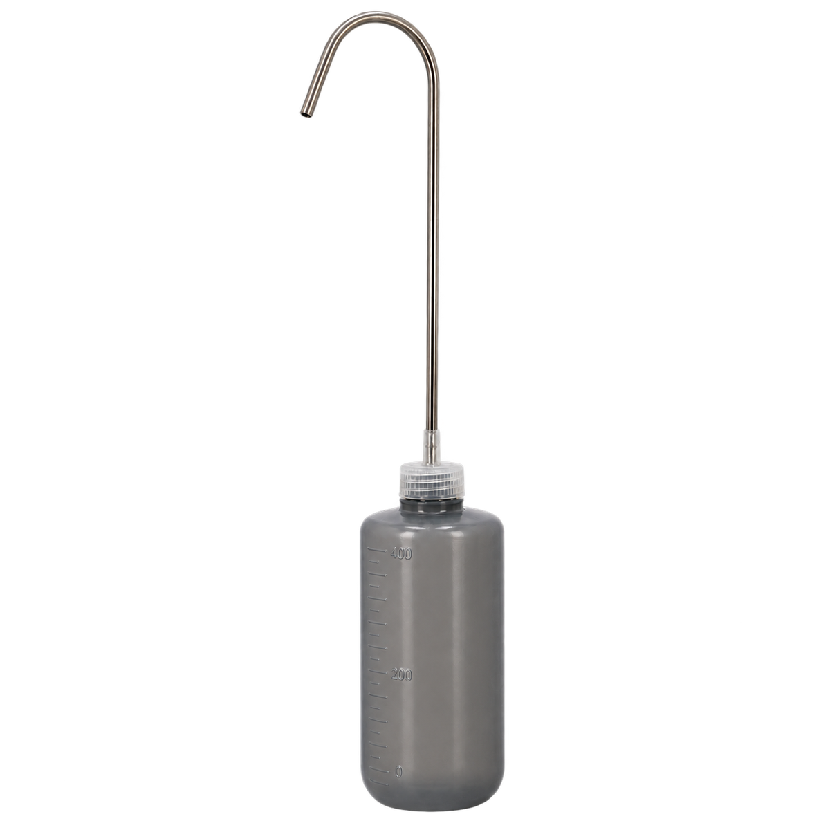 A gray plastic volumetric bottle with a long, curved stainless steel pouring arm, shown against a plain white background.