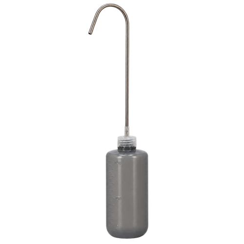 A gray plastic volumetric bottle with a long, curved stainless steel pouring arm, shown against a plain white background.