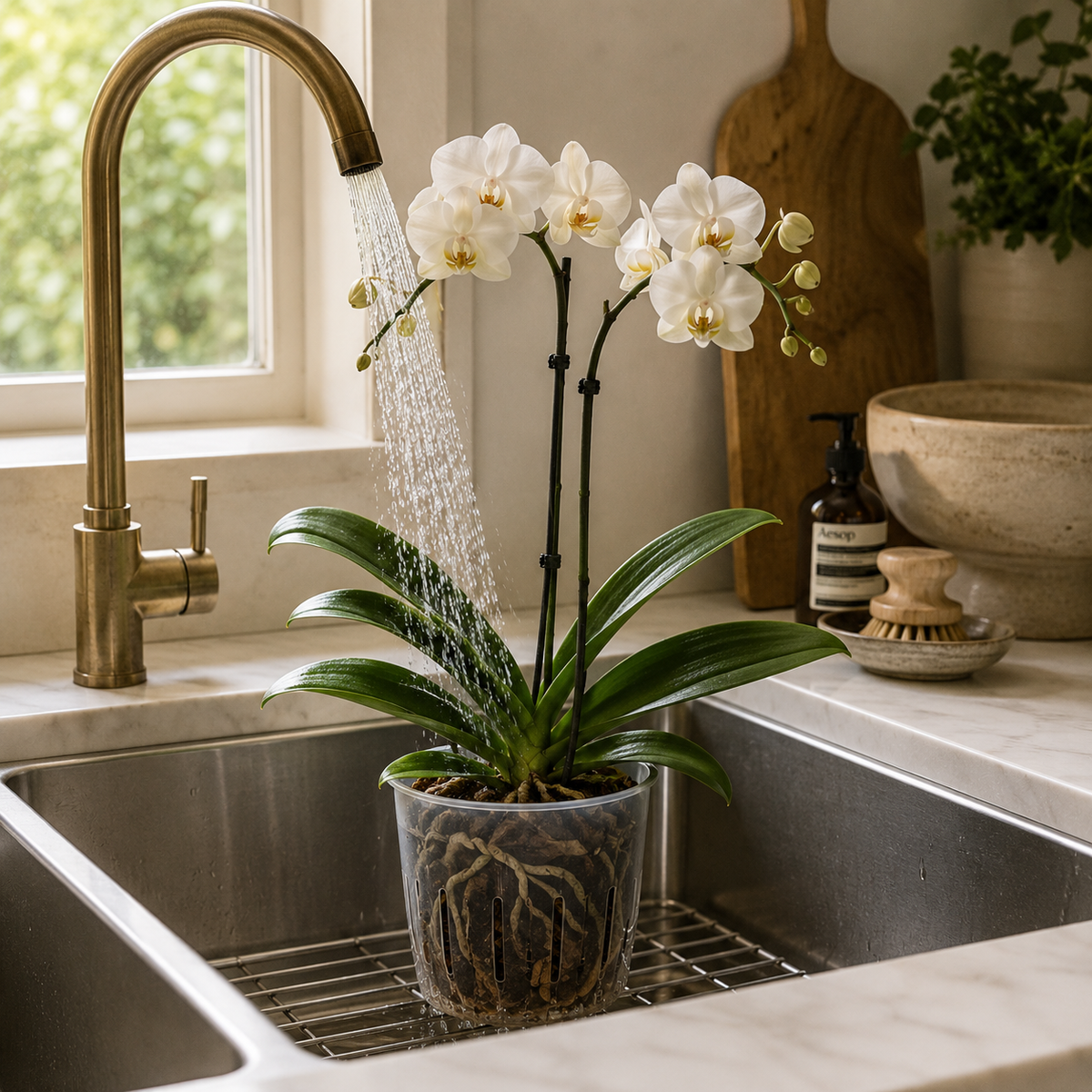 A potted white orchid plant with green leaves and white flowers sits in a kitchen sink while water runs from a brass faucet. The pot is placed on a metal rack inside the sink, with a marble countertop, soap dispenser, and wooden cutting board in the background.