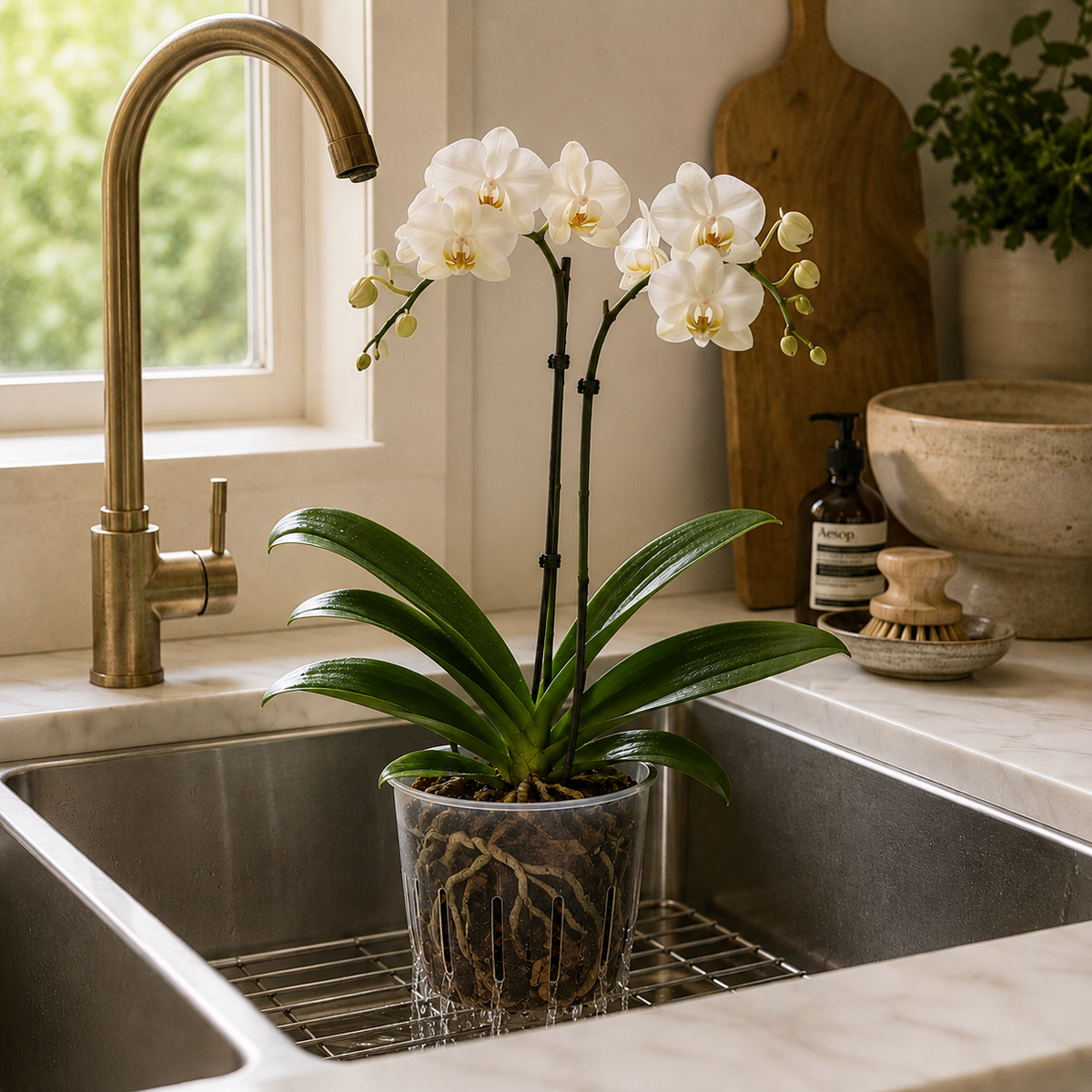 A potted white Phalaenopsis orchid with green leaves and white flowers sits in a stainless steel kitchen sink, with water draining from the pot. A brushed brass faucet is on the left, and kitchen decor items are visible in the background.