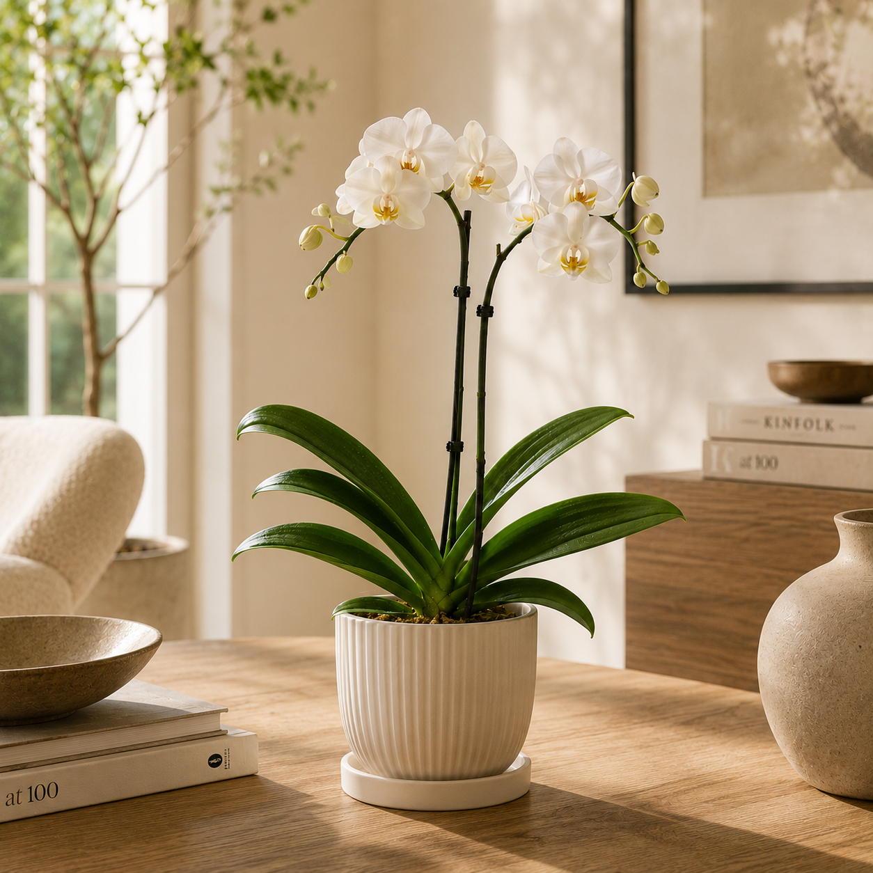 A potted white orchid plant with white flowers and green leaves, displayed on a wooden table in a warm, modern living room setting.